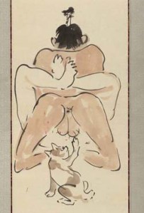 Kawanabe Kyosai (1831 - 1889), One of Three comic shunga paintings (detail), c. 1871 - 1889. Hanging scroll, ink and colour on paper. © Courtesy of Israel Goldman collection